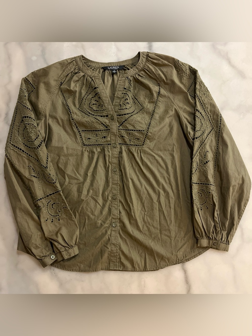 Ralph Lauren Olive Green Embroidered Button Front Top